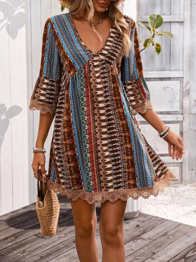 Damekjole – A-Line Pasform – Boho Mønster – V-Hals – 3/4 Ærmer – Blonder – Åndbar