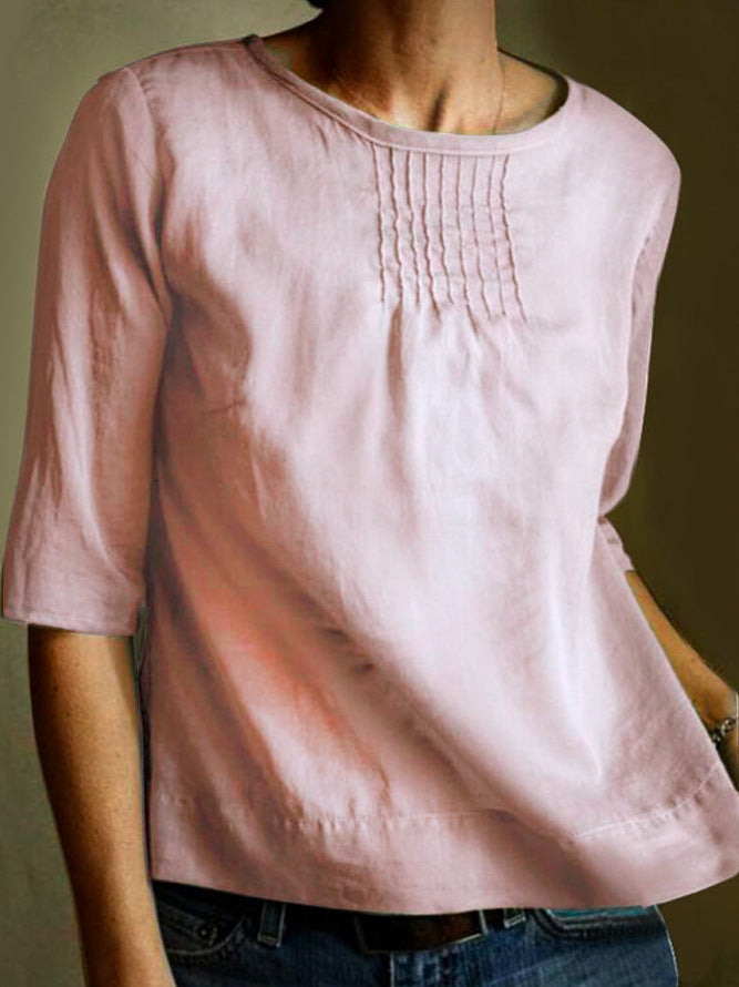 Damebluse – Bomuld Hør Mix – Løs Pasform – 3/4 Ærmer – Plisseret Front