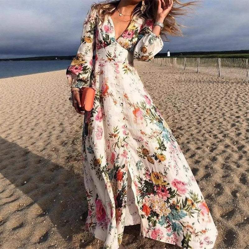 Maxi Dress for Women – A-Line Fit – Deep V-Neck – Long Sleeves – Breathable Material