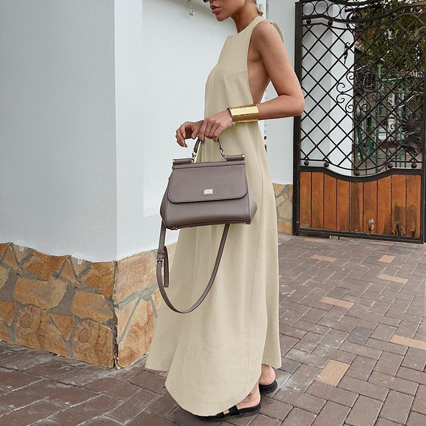 Dame Maxikjole – Halterneck – Løs Pasform – Bomuld Hør – Elegant Flowy Design