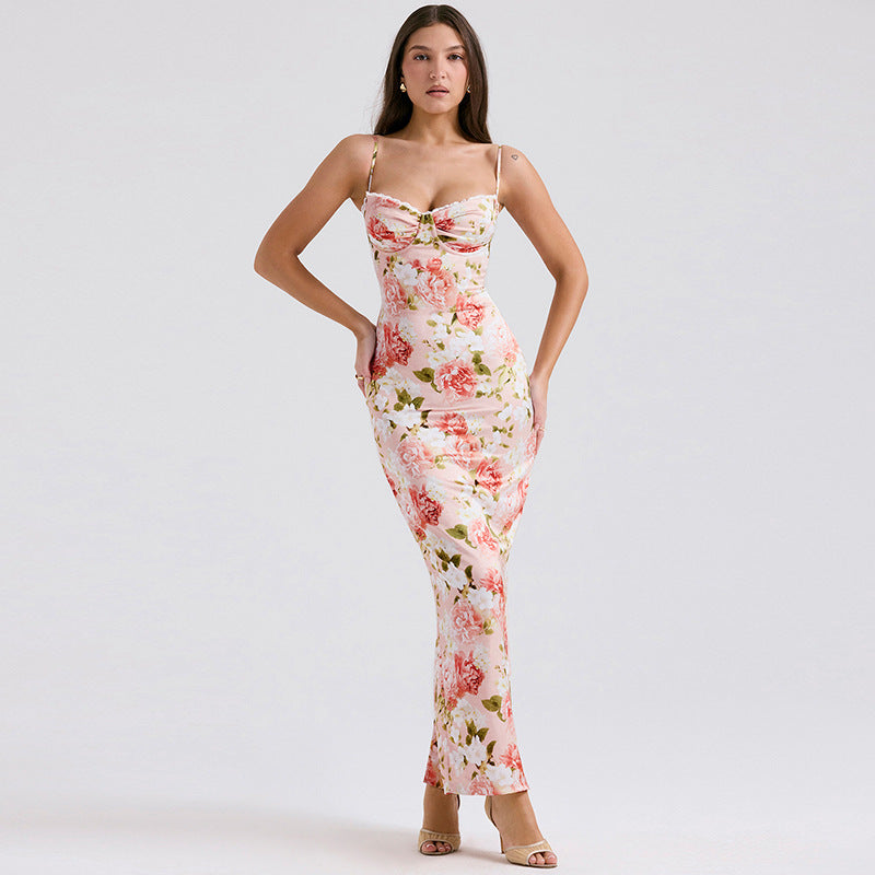 Kjole til kvinder – Lang satin – Slim fit – Spaghettistropper – Blomsterprint