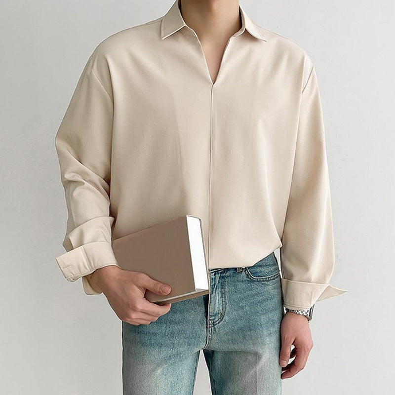 Herre Pullover Skjorte – V-hals med Krave – Afslappet Pasform – Let og Åndbar