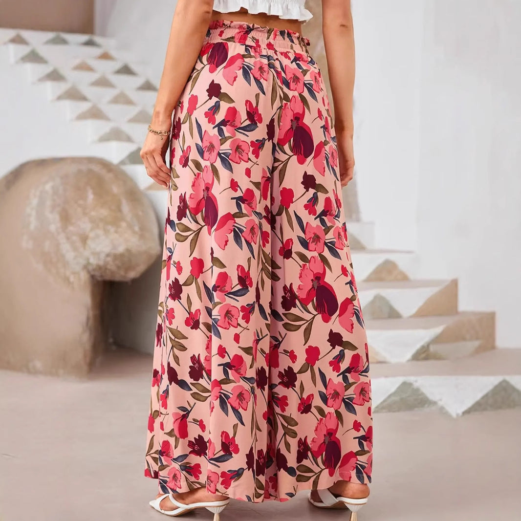 Damebukser – Chiffon – Vidde Ben – Høj Talje – Blomstret Print – Snørelukning