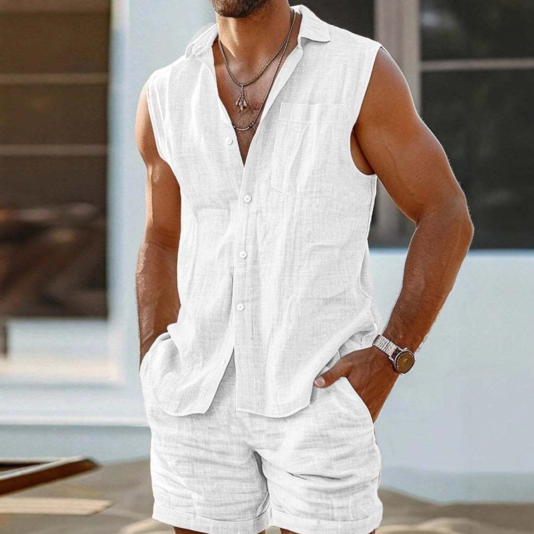 Men's Set without Sleeves – Relaxed Fit – Natural Fibers – Button Closure Casual Look