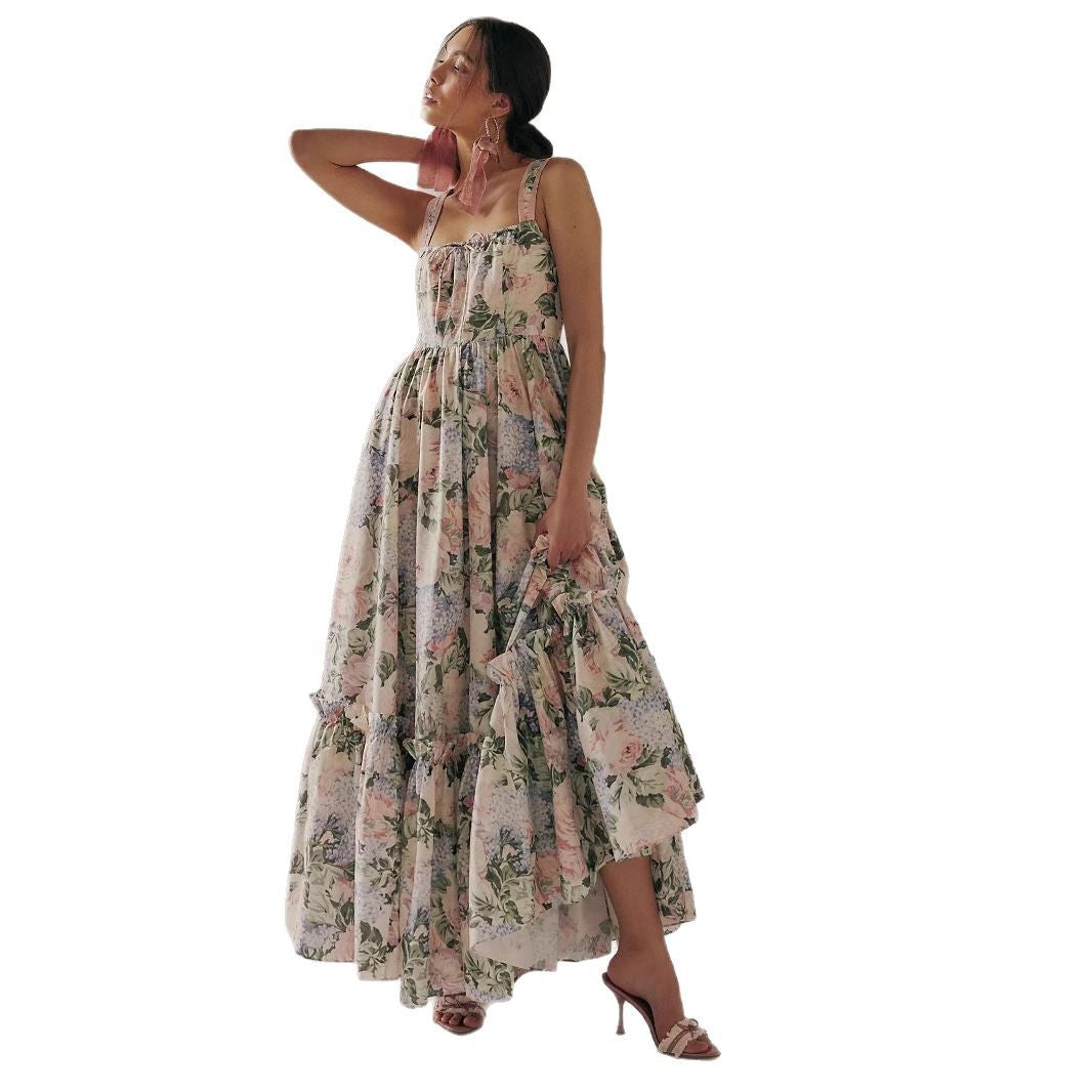 Women's Maxi Dress – Chiffon – Pleated Bohemian Style – Spaghetti Strap – Floral Print