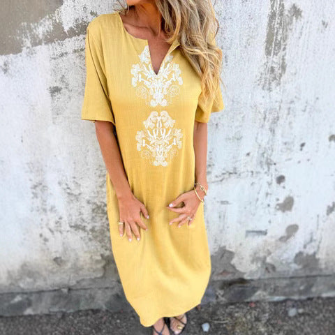 Women's Midi Dress – Natural Fibers – Relaxed Fit – Embroidered Front – Short Sleeves