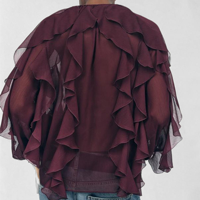 Damebluse – V-hals – Løs pasform – Lange ærmer – Let chiffon – Flæsedetaljer
