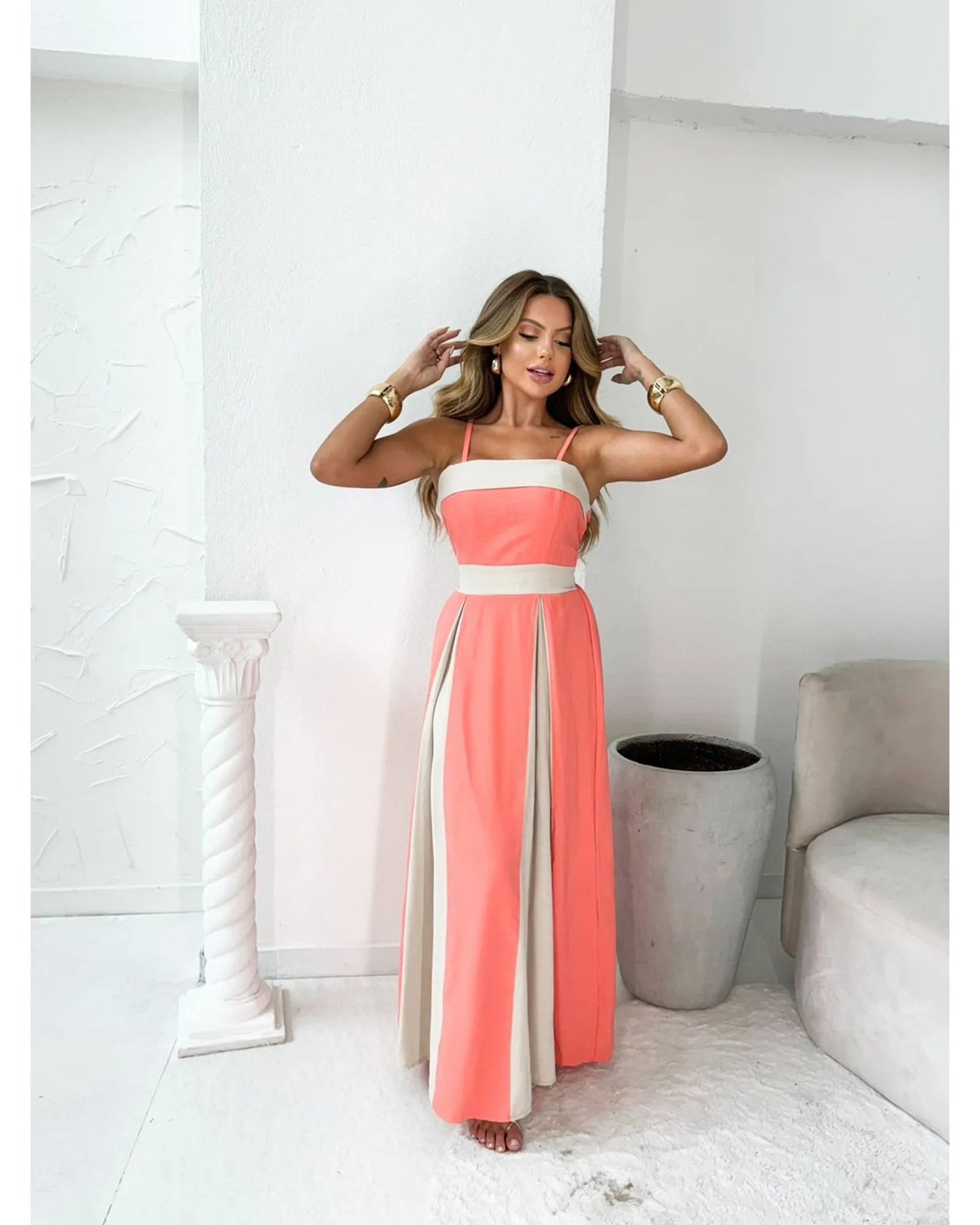 Women’s Strappy Maxi Dress – High Waist – Color Block – Elegant Formal Fit