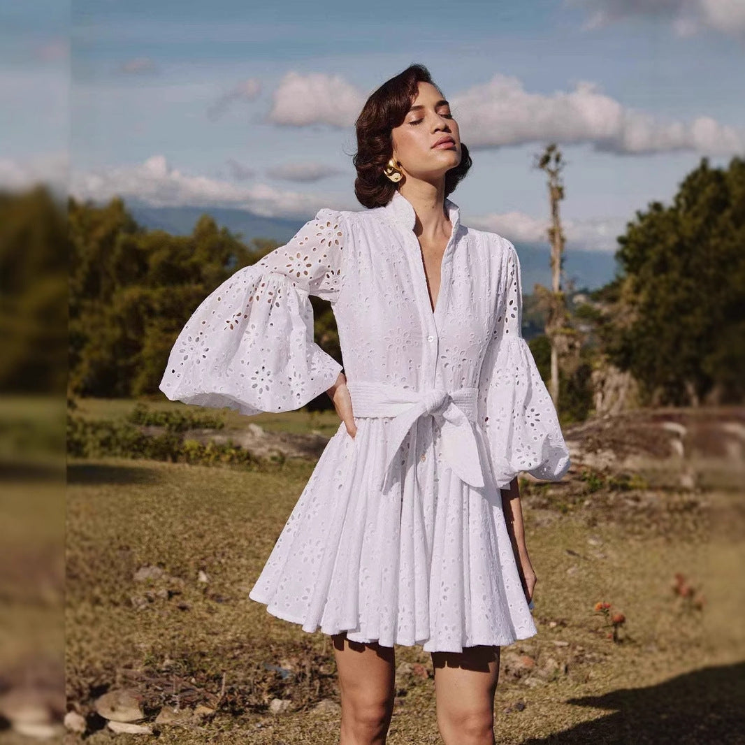 Dame Cardigan Kjole – A-Line Pasform – 100% Bomuld – Broderie Anglaise – Bindebånd