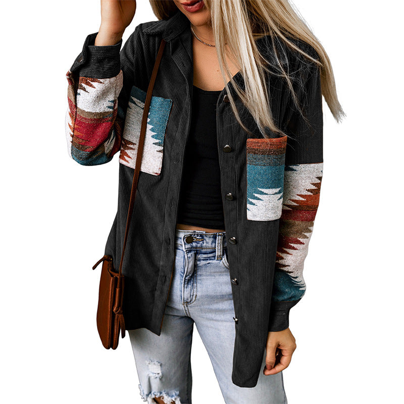 Women's Cardigan Jacket – Corduroy – Relaxed Fit – Aztec Pattern – Button Closure