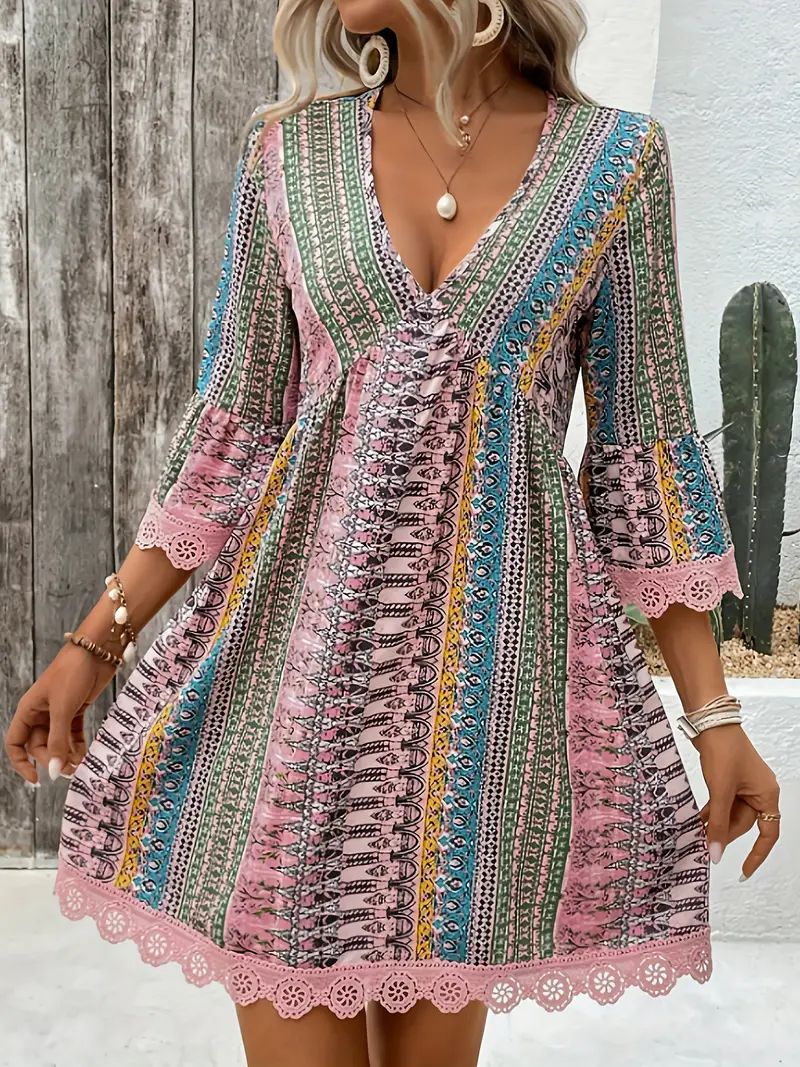 Damekjole – A-Line Pasform – Boho Mønster – V-Hals – 3/4 Ærmer – Blonder – Åndbar