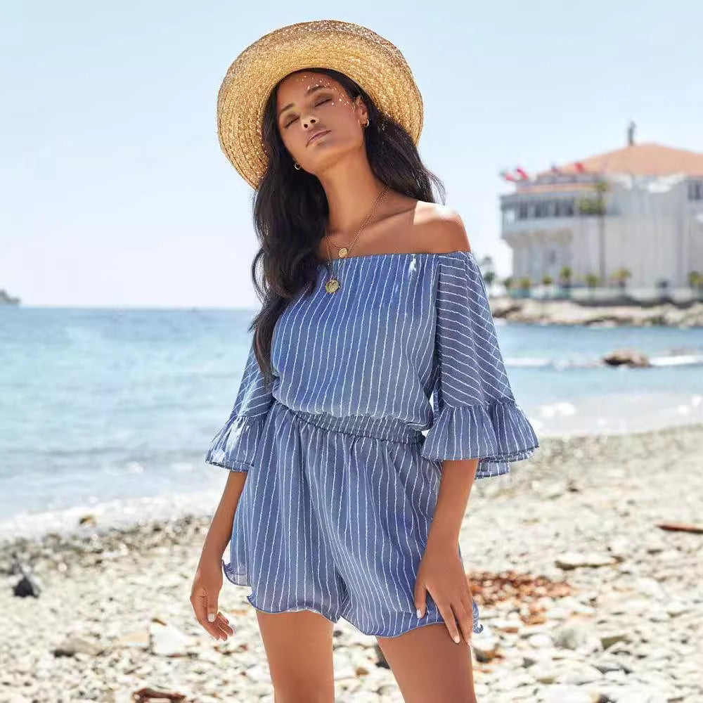 Women's Off-Shoulder Dress - Elastic Waist - Ruffle Sleeve - Breathable Casual Fit