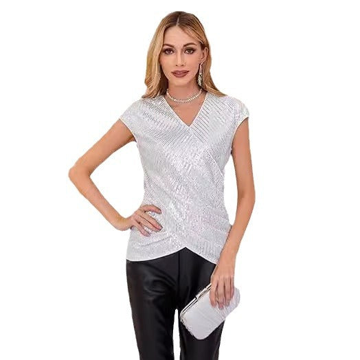 Dame Top – Slim Fit – V-hals – Pailletdetaljer – Asymmetrisk Taljedrapering