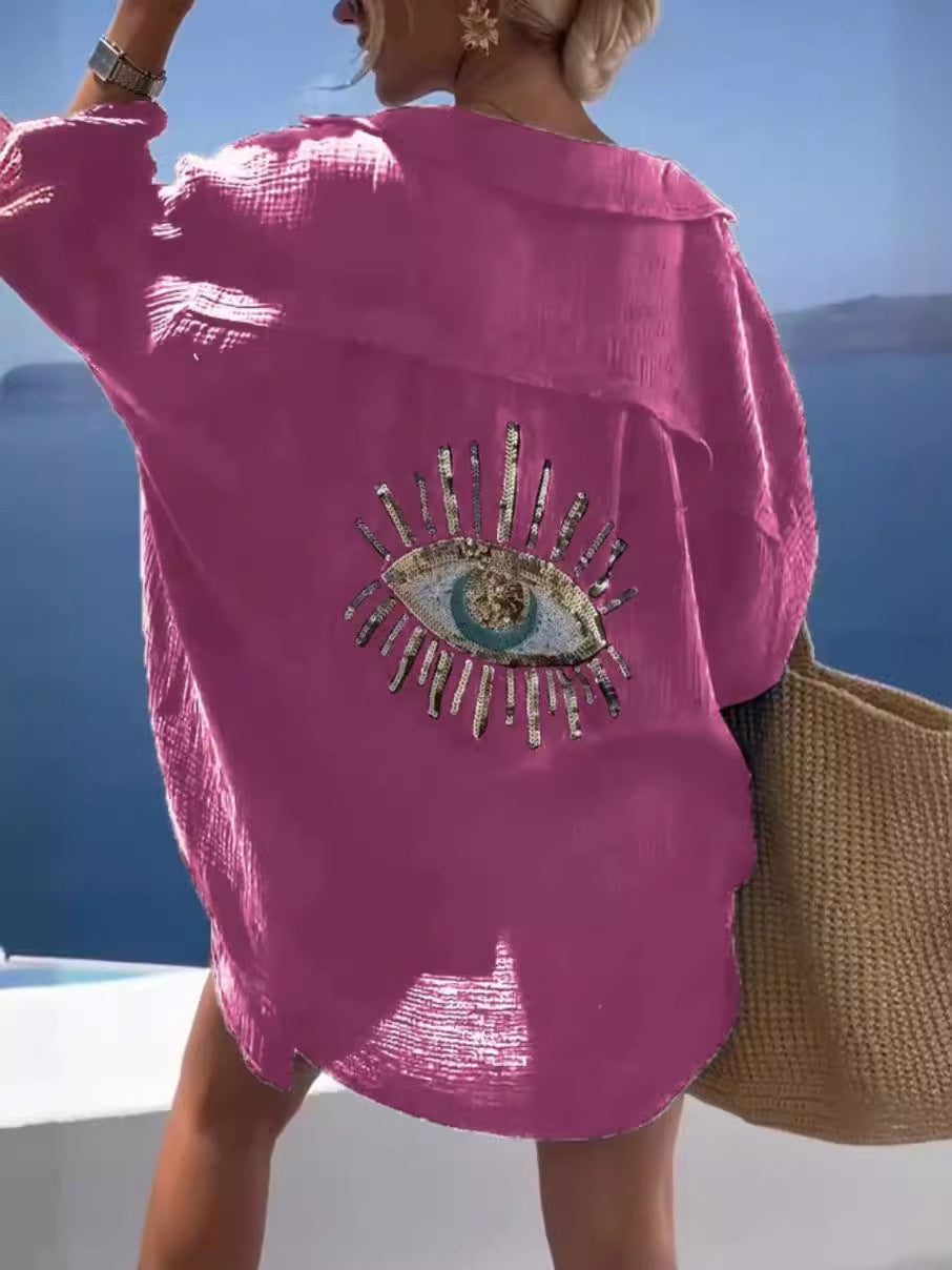 Dame Lang Cardigan – Let Bomuld – Oversize Pasform – Åben V-Hals – Pailletdetalje