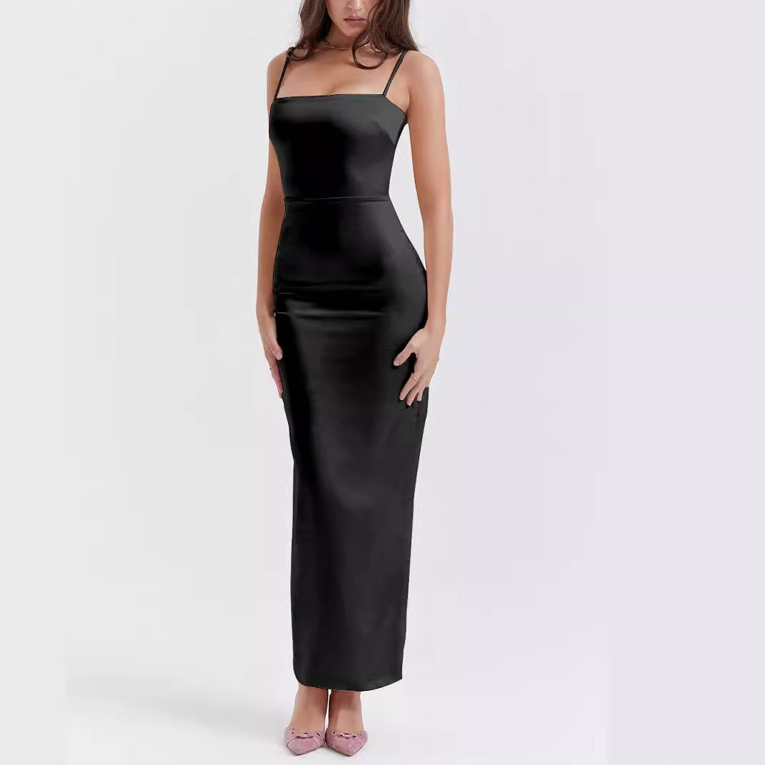 Dress for Women – Maxi Dress – Fitted Fit – Sleeveless with Straps – Elegant Satin Look