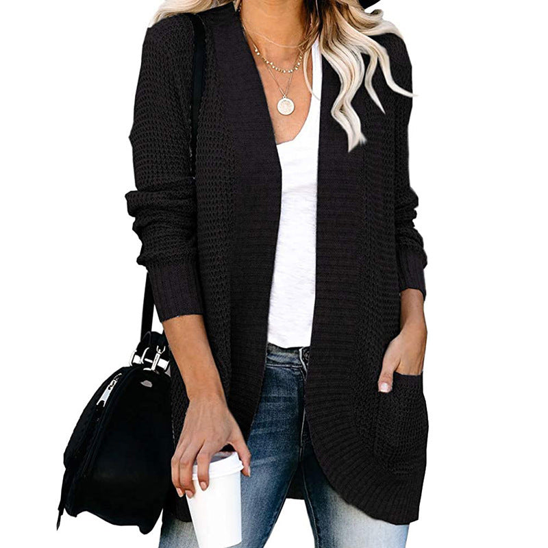 Women's Cardigan – Relaxed Fit – Knitted Texture – V-Neck – Open Front with Pockets