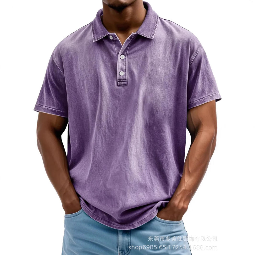 Herre Poloshirt – Bomuld – Afslappet Pasform – Vasket Retro Stil – Kort Ærme
