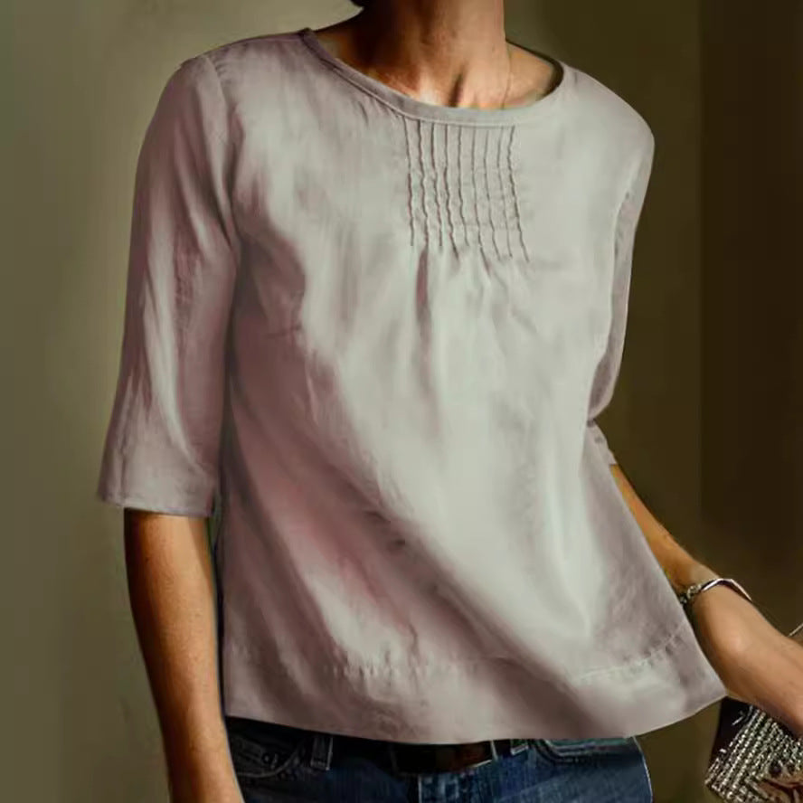 Damebluse – Bomuld Hør Mix – Løs Pasform – 3/4 Ærmer – Plisseret Front