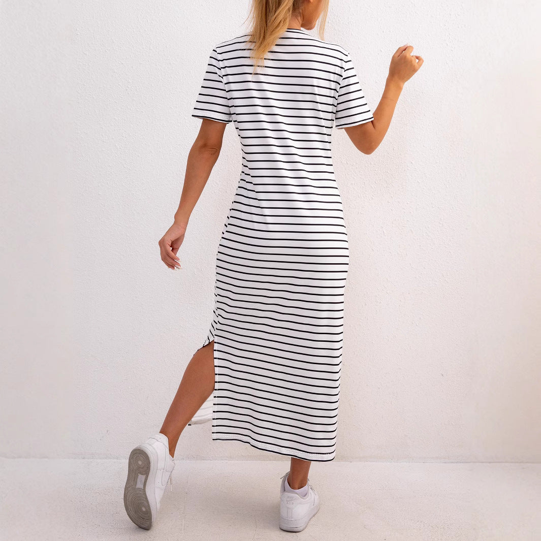 Dress for Women – Midi Length – Relaxed Fit – Striped Knit – Short Sleeve – Slit