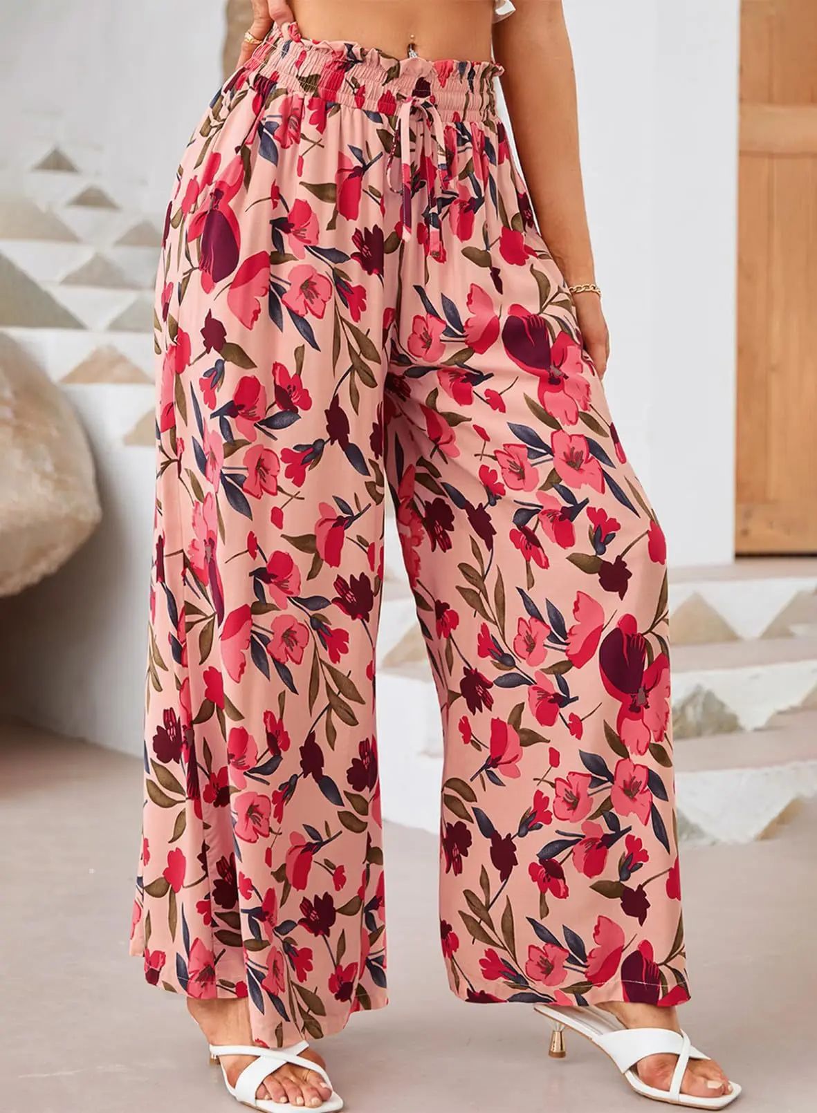 Damebukser – Chiffon – Vidde Ben – Høj Talje – Blomstret Print – Snørelukning