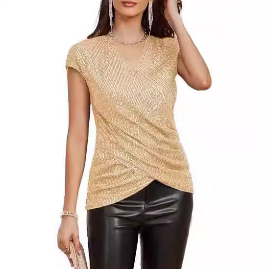 Dame Top – Slim Fit – V-hals – Pailletdetaljer – Asymmetrisk Taljedrapering