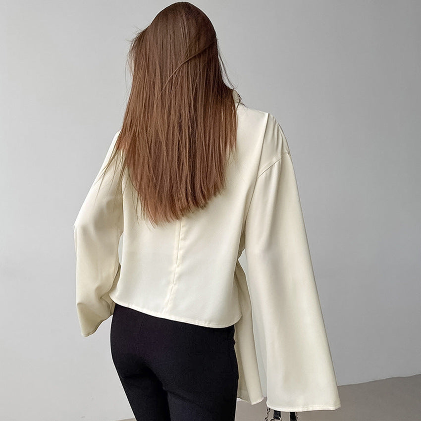 Damebluse – Let Chiffon – Draperet Pasform – Lange Ærmer – Indsnævret Talje
