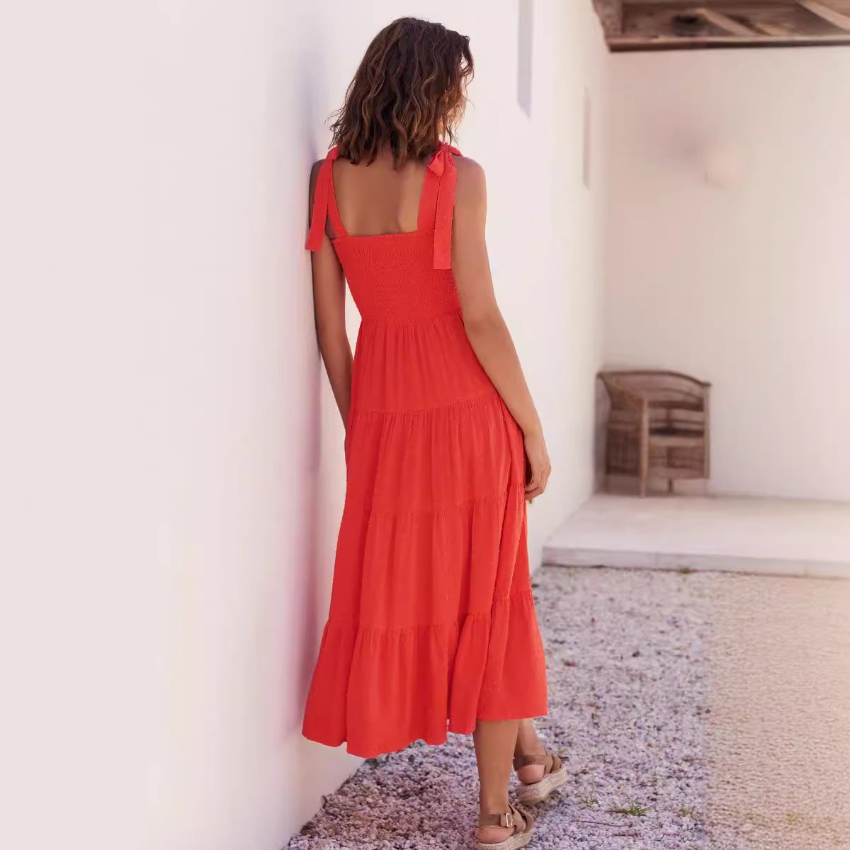 Women's Midi Dress – Smocked Bodice – Adjustable Straps – Lightly Layered Skirt