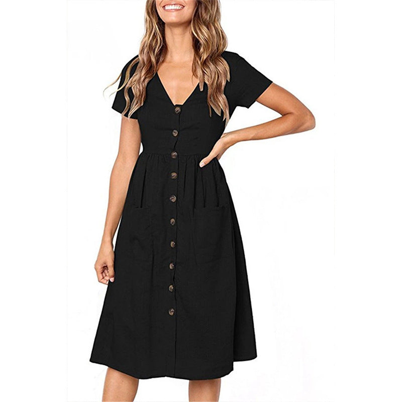 Dress for Women – A-line Cut – Button Closure – Short Sleeve – Light and Breathable – Midi Length