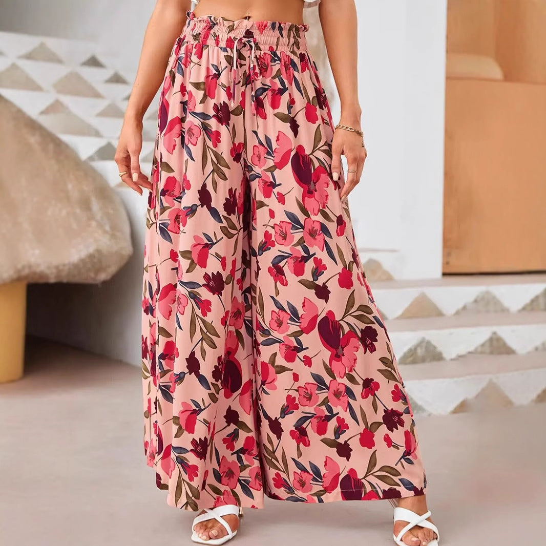 Damebukser – Chiffon – Vidde Ben – Høj Talje – Blomstret Print – Snørelukning