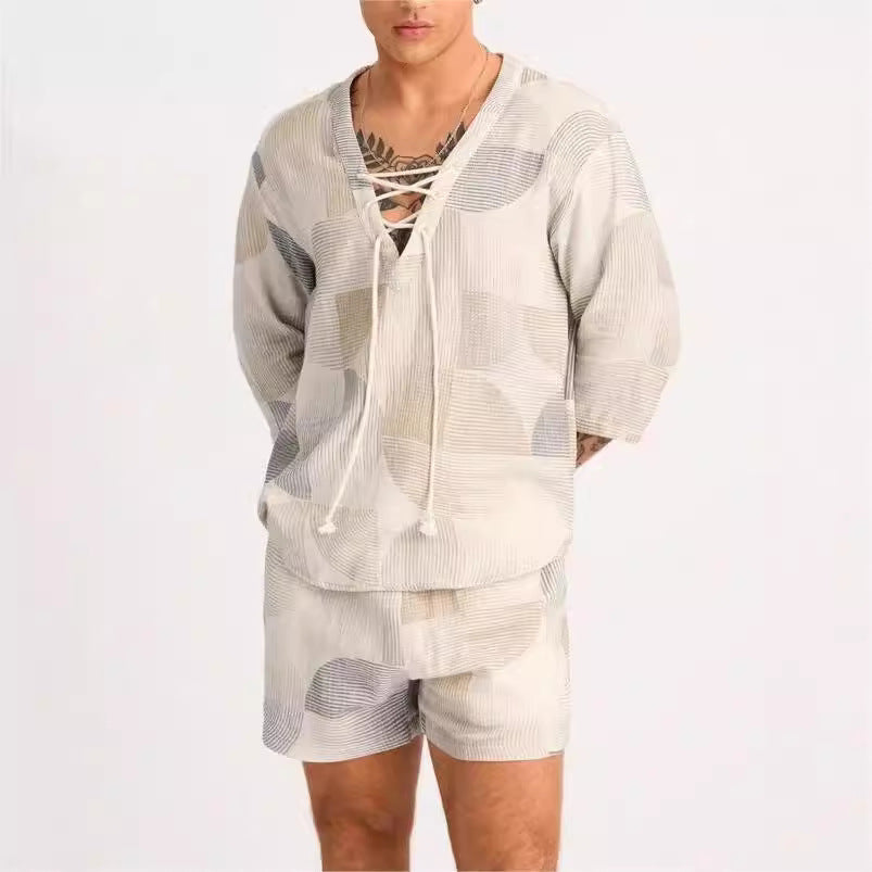 Men's Set – Relaxed Fit – Soft Breathable Fabric – Drawstring Shirt & Shorts
