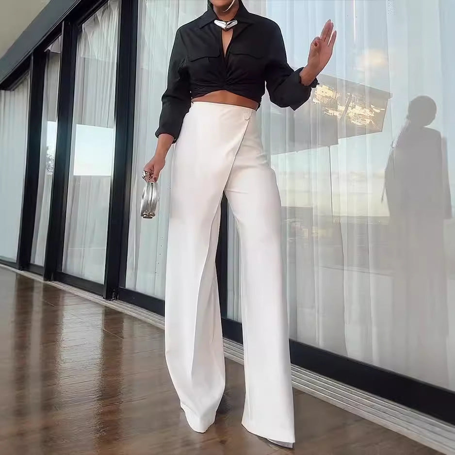 Dame Sæt – Satin Crop Top med Bindebånd – Højtaljede Vide Bukser