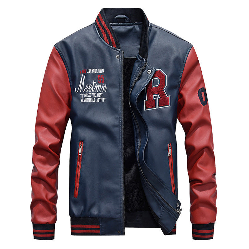 Men's Baseball Jacket – Classic Varsity Fit – Leather Look – Ribbed Edges – Snap Closure