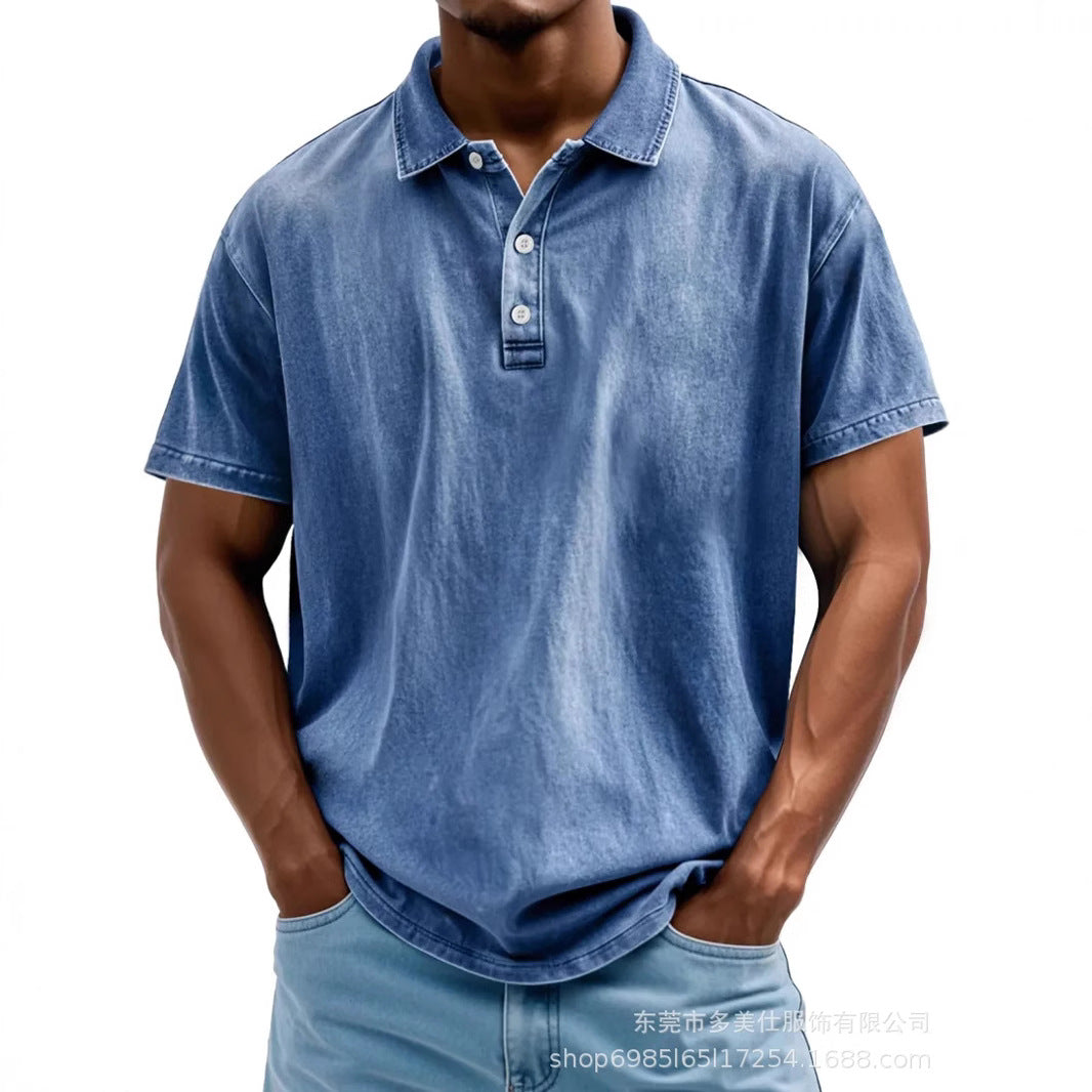Herre Poloshirt – Bomuld – Afslappet Pasform – Vasket Retro Stil – Kort Ærme