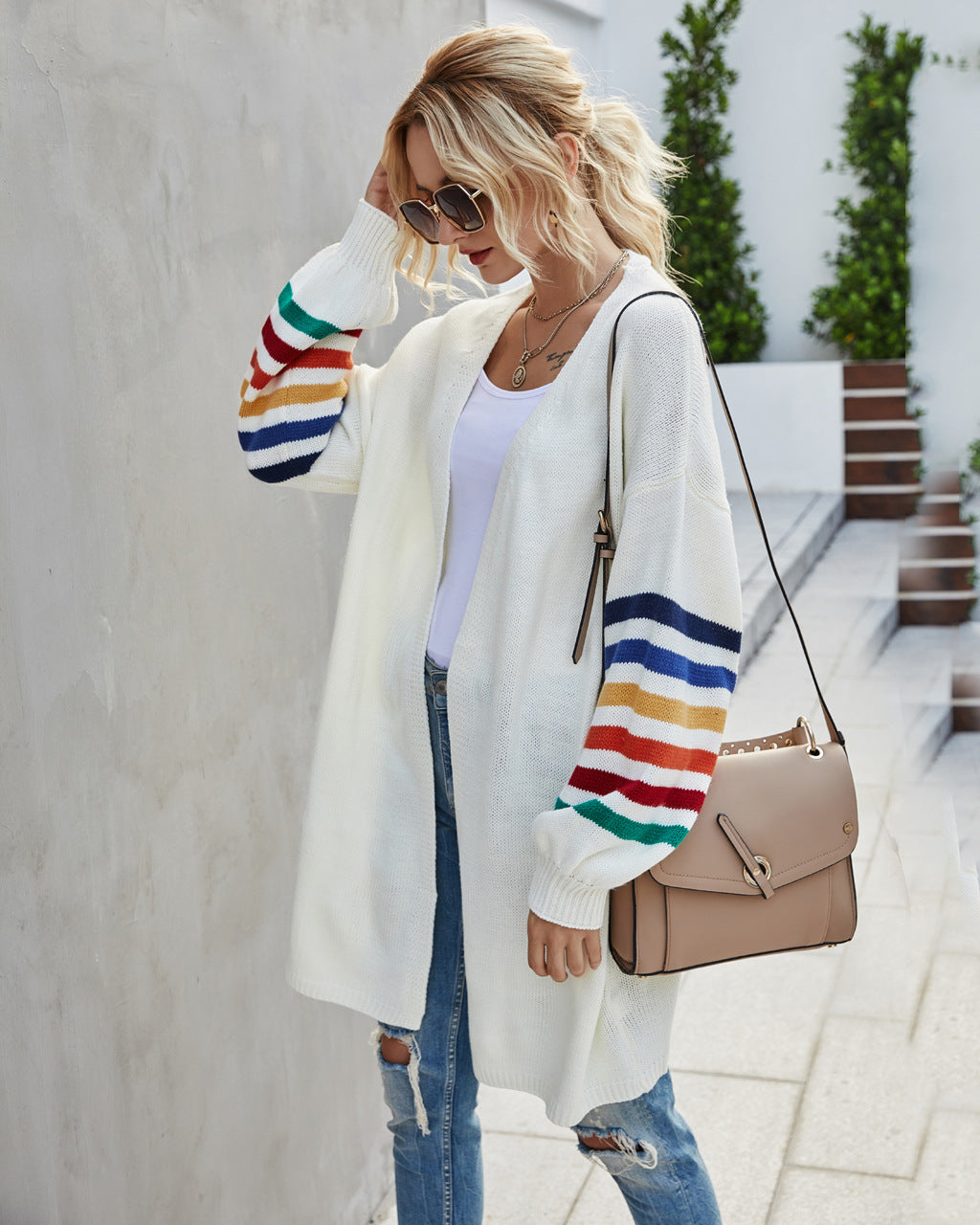 Women’s Knit Cardigan – Open Front – Long Relaxed Fit – Color-Striped Sleeves