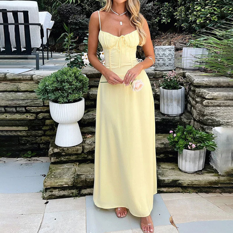 Dame A-line kjole – Let chiffon – Rynket overdel – Stropløs – Lang og elegant