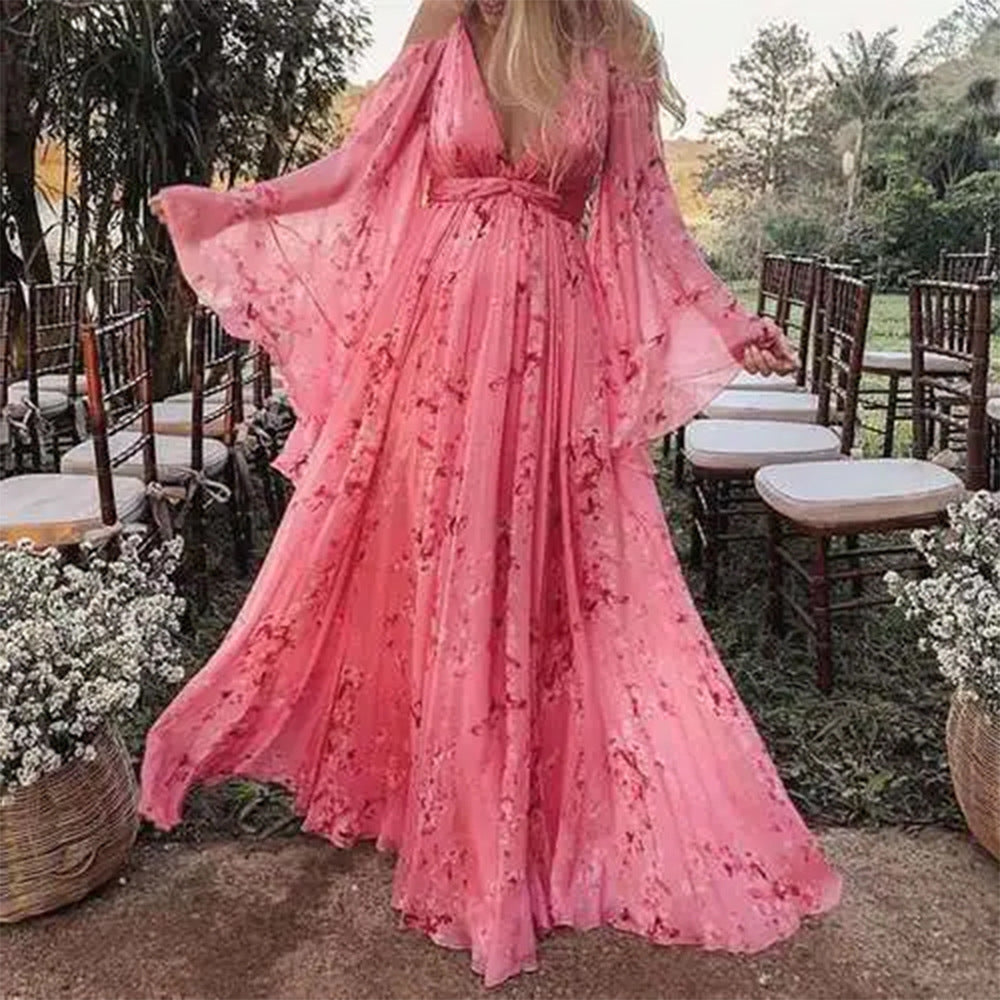 Women's Maxi Dress – Elegant Fit – Empire Waist – Luxury Material – V-Neck – Butterfly Sleeves