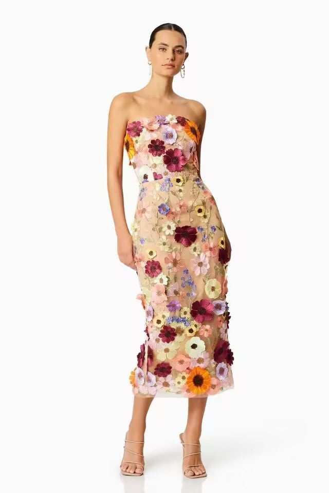 Dress for Women – Strapless Slim Fit – Tulle with 3D Flowers – Midi Length