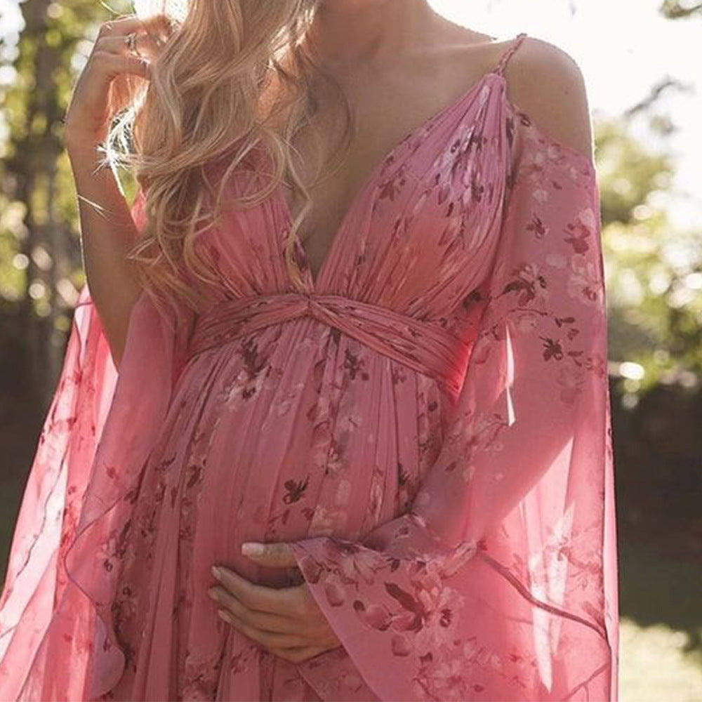 Women's Maxi Dress – Elegant Fit – Empire Waist – Luxury Material – V-Neck – Butterfly Sleeves