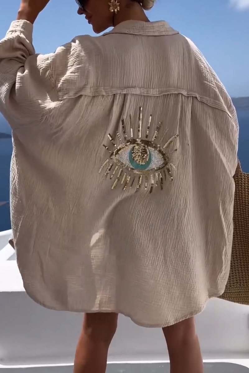 Dame Lang Cardigan – Let Bomuld – Oversize Pasform – Åben V-Hals – Pailletdetalje