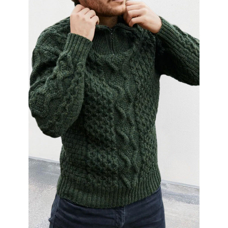 Men's Knit Sweater – Wool – Regular Fit – Cable Knit – High Neck with Zipper