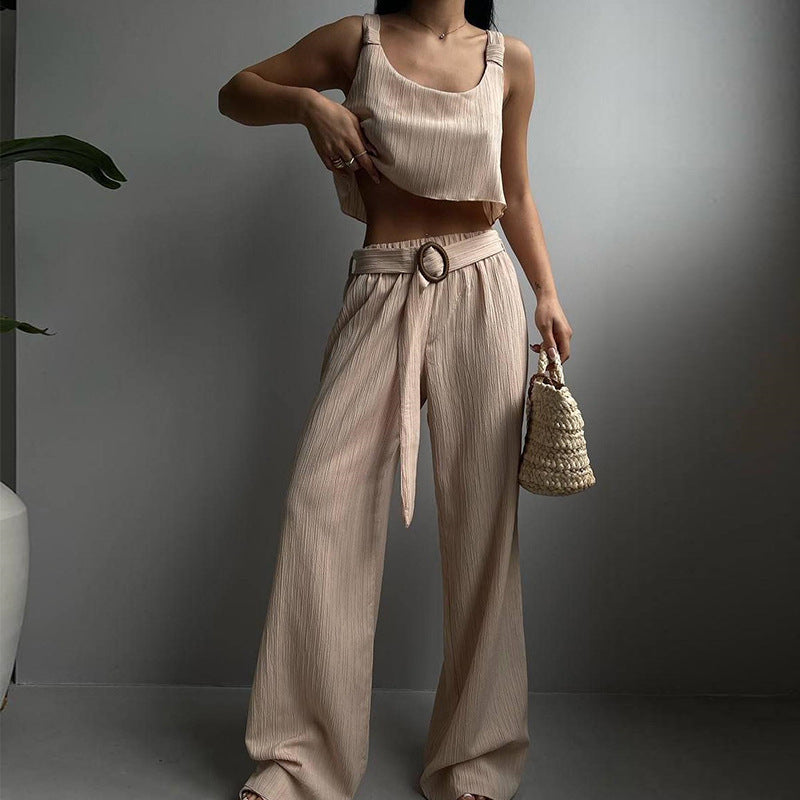 Dame Two-Piece Sæt – Crop Top og Vide Bukser – Let og Åndbart Design