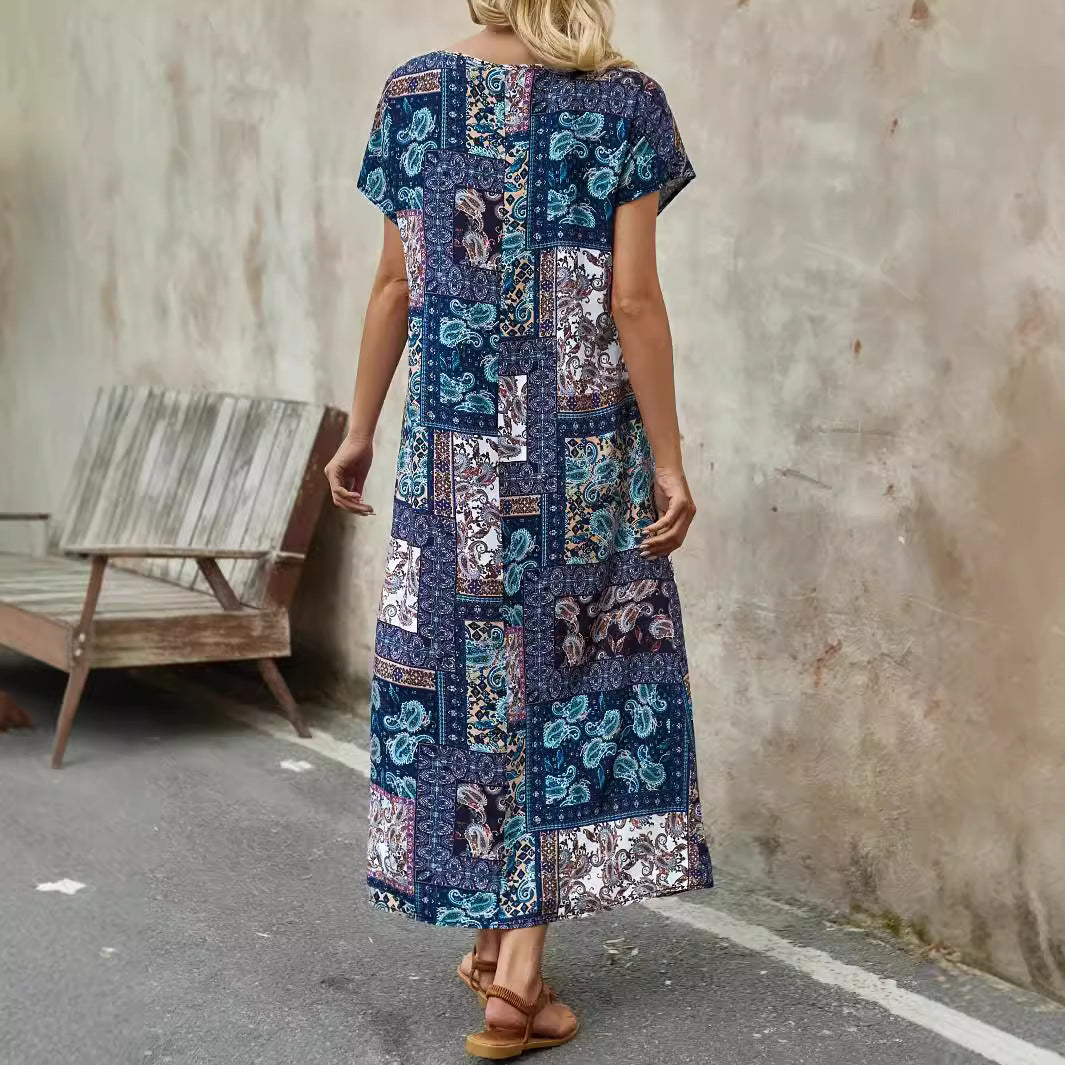 Dress for Women – Relaxed Fit – Midi Length – Short-Sleeved – Patchwork with Paisley