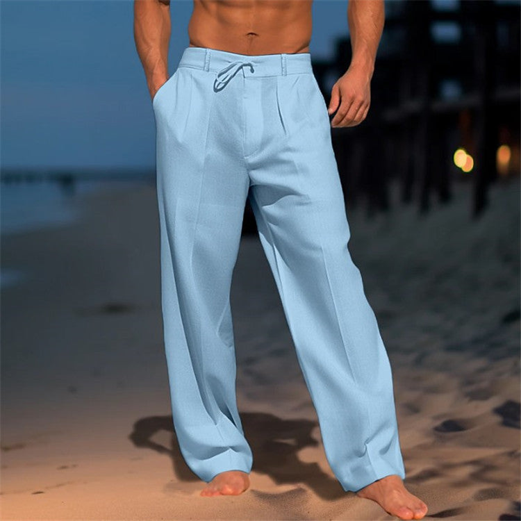 Men's Trousers – Relaxed Fit – 100% Linen – Drawstring Closure – Full Length