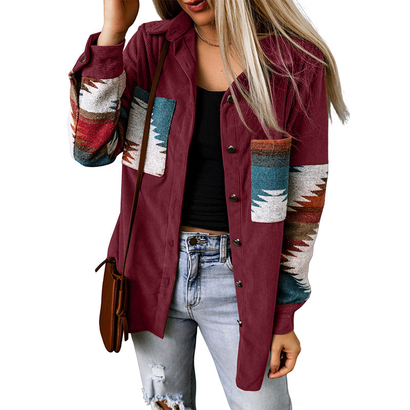 Women's Cardigan Jacket – Corduroy – Relaxed Fit – Aztec Pattern – Button Closure