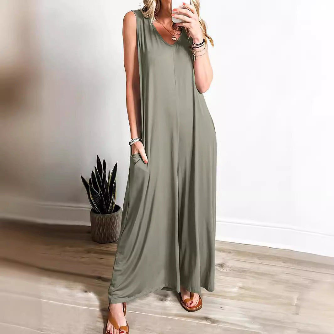 Women's Maxi Dress – Sleeveless V-neck – Soft Knit – A-line with Side Pockets