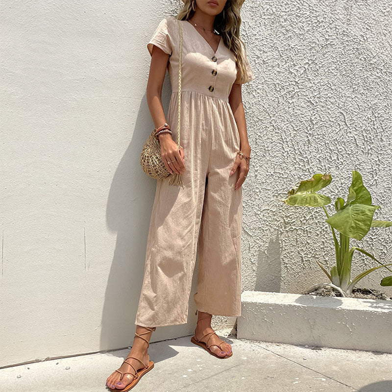 Dame Jumpsuit – Hørblanding – Afslappet Pasform – Korte Ærmer – Vide Ben – Knaplukning