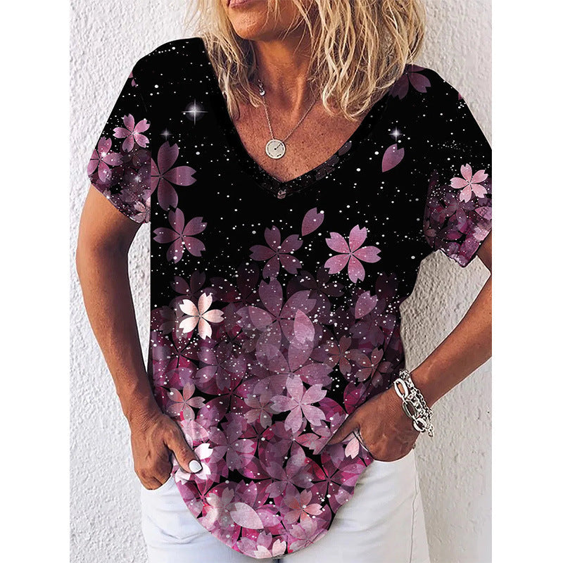 Women's V-Neck T-Shirt – Floral Print – Regular Fit – Soft and Breathable – Short Sleeves