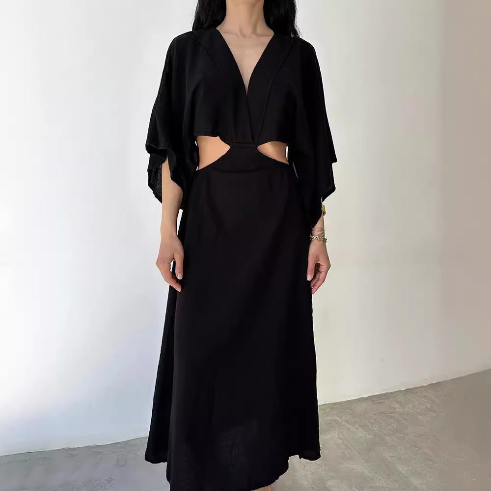 Kjole til kvinder – Maxi længde – Slim fit – V-udskæring – Cut-out talje – Slids