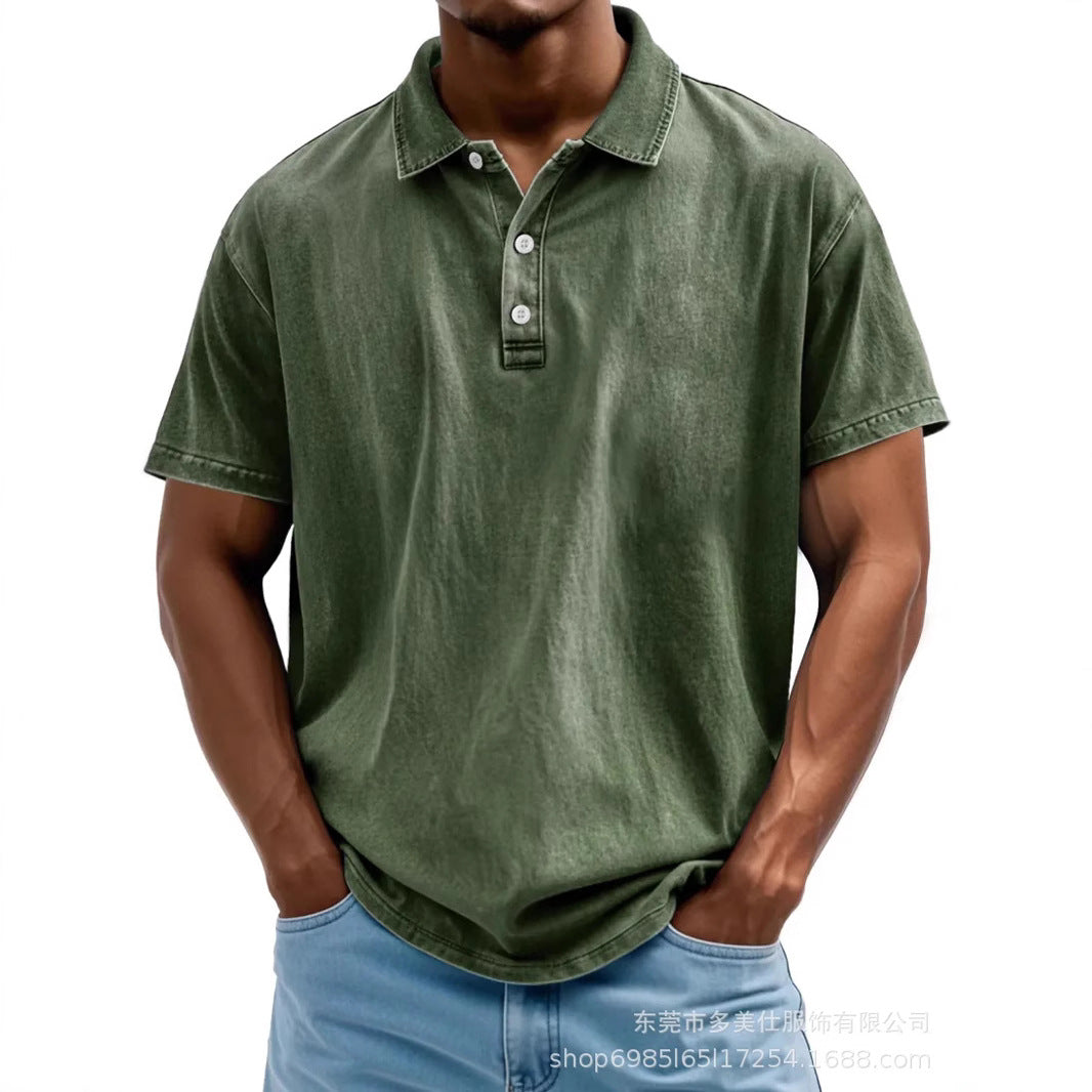 Herre Poloshirt – Bomuld – Afslappet Pasform – Vasket Retro Stil – Kort Ærme