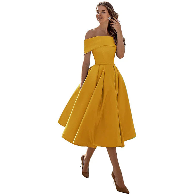 Women's Midi Dress - Elegant Off-Shoulder - Fit & Flare - Formal Party Look